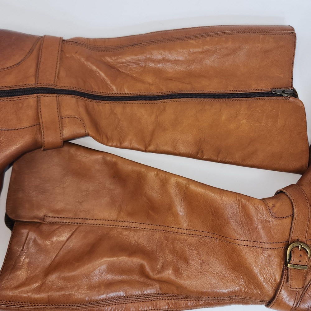 Born Leather Tall Riding Boots 10M Tan Cognac F71106 Zip Up Buckle Ankle - Picture 12 of 13